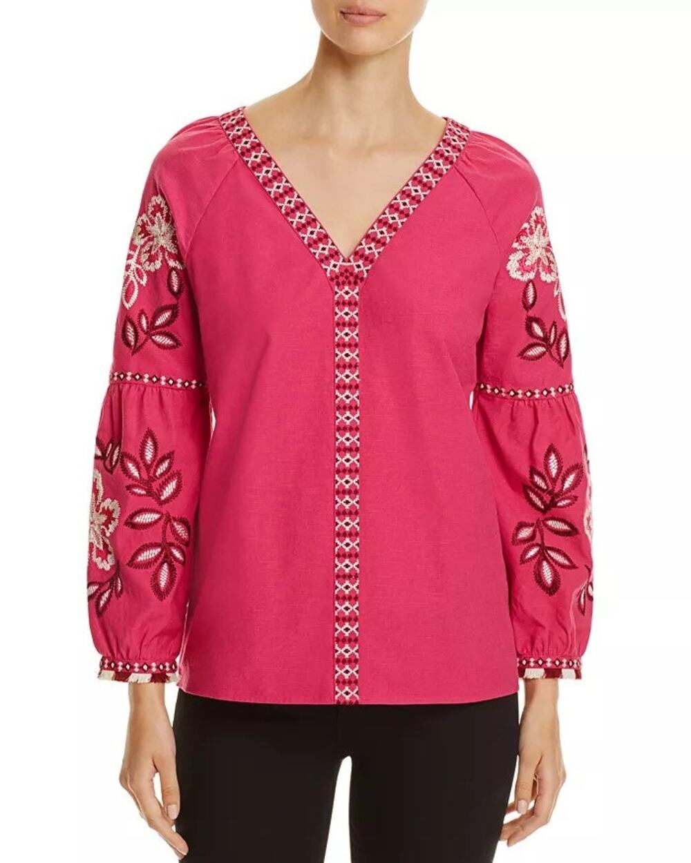 Tory Burch Therese Hibiscus Pink Floral Embroidered 100% Cotton Tunic Shirt